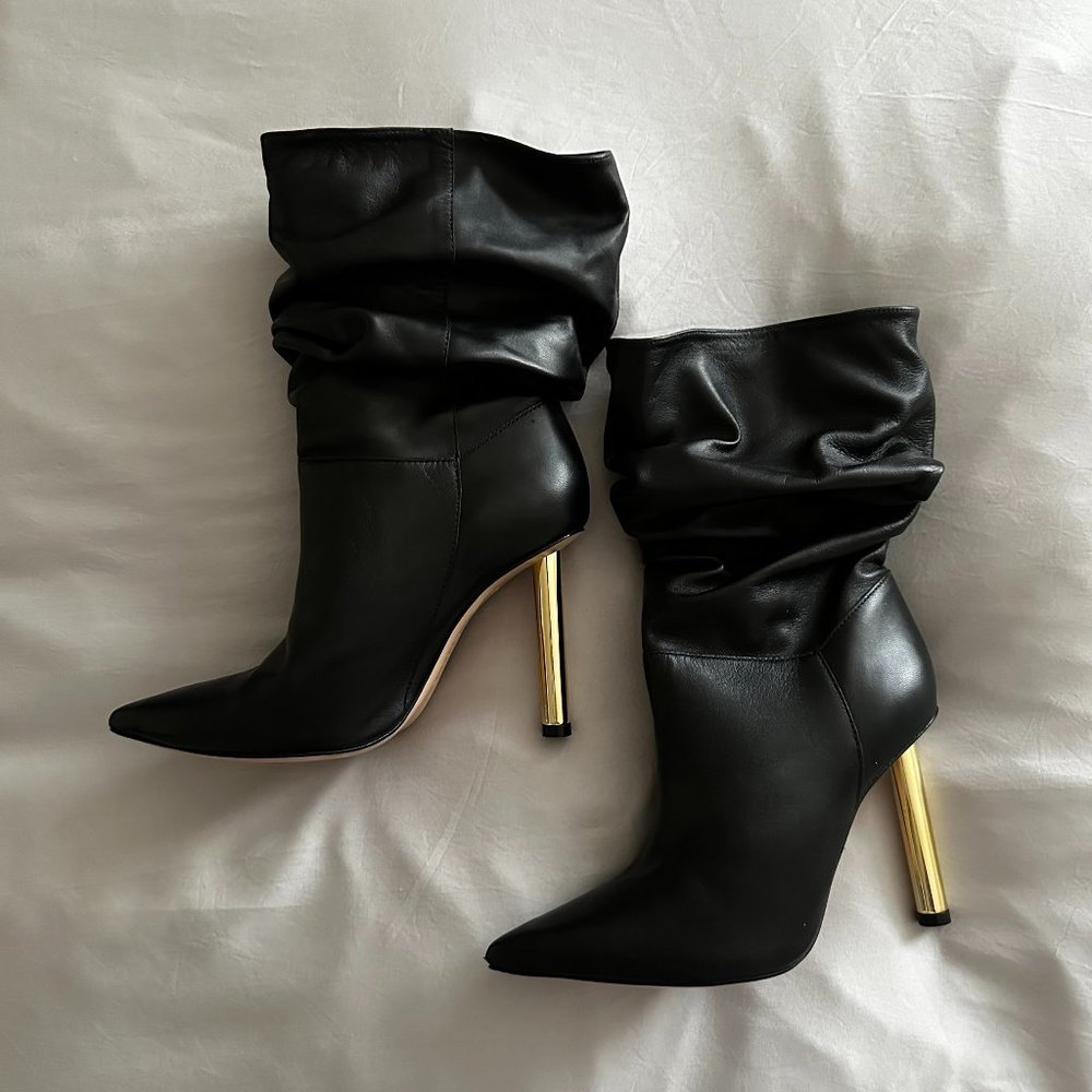 SCHUTZ Black Ankle Boots with Gold Heels